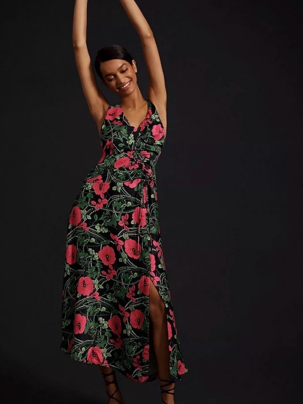 Anthropologie Black Midi Dress with Pink Floral and Green Leaves Size 18